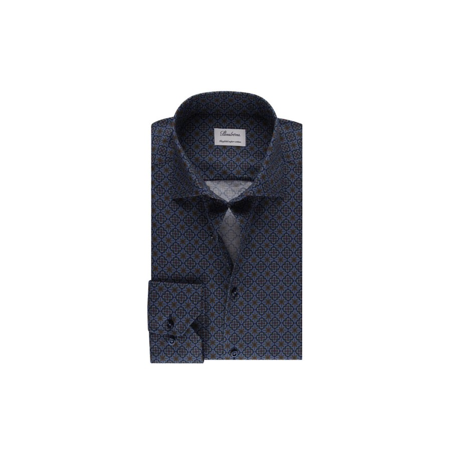 Herre Stenströms Skjorter | Fitted Body/75 Rm Cuff, Navy Pattern