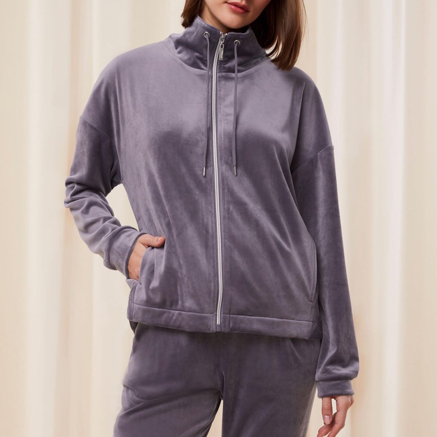 Dame Triumph Nattoj & Loungewear | Cozy Comfort Velour Zip Jacket, Slate