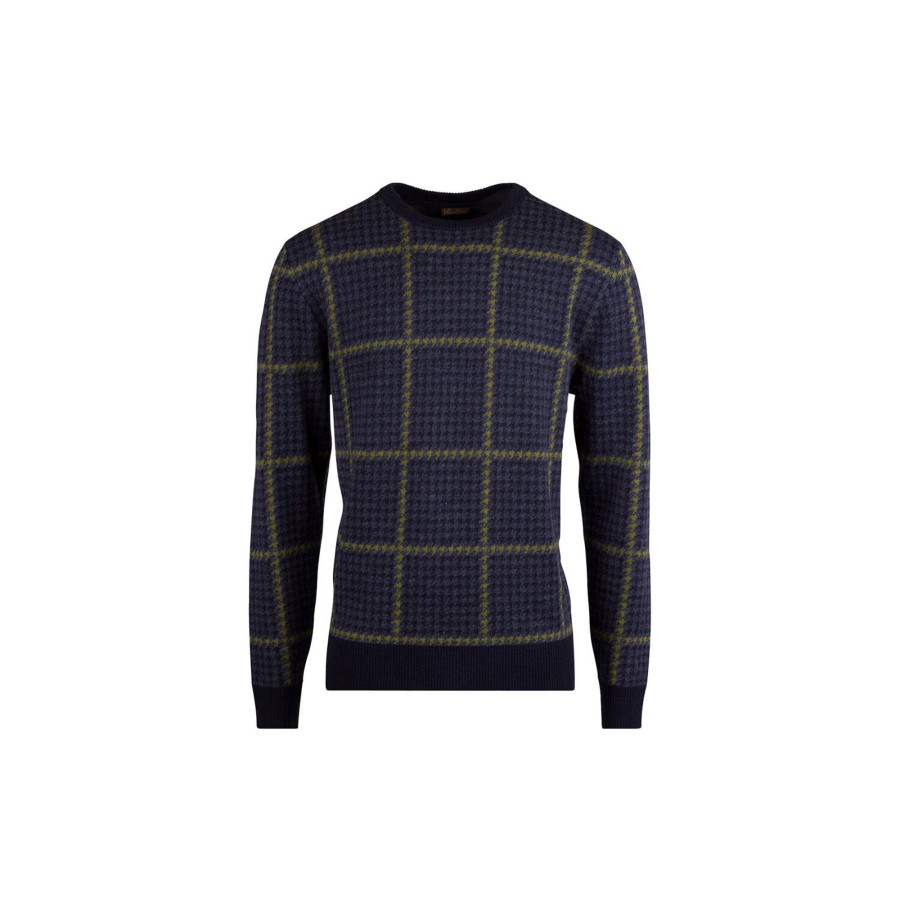 Herre Stenströms Strik & Bluser | Crew Neck Houndstooth Jaquard, Dark Blue Check