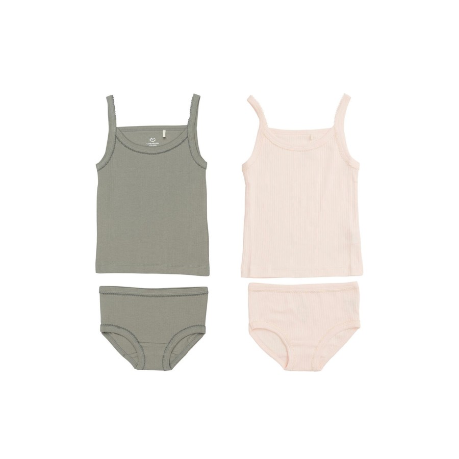 Born Copenhagen Colors Organics Nattoj & Undertoj | Rib Jersey 2-Pack Straptop & Underpants, Grey/Soft Pink Comb. Core