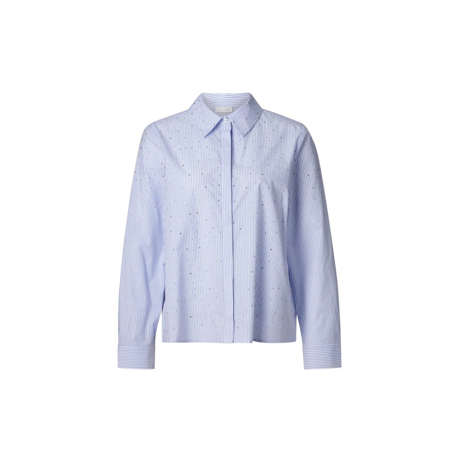 Dame Rich & Royal Skjorter & Bluser | Stripe Blouse With Rhinestones, Skyway Blue