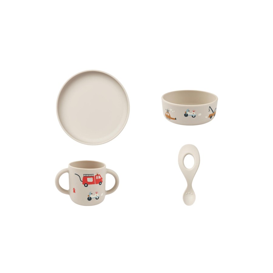 Born Liewood Spiseudstyr | Vivi Printed Tableware Set, Emergency Vehicle/Sandy