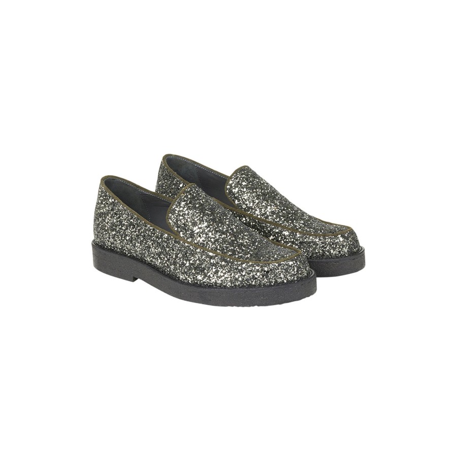 Dame ANGULUS Flade Sko & Sneakers | Klassisk Loafer Med Blod Haelkappe, Dark Green Glitter/Dark Green