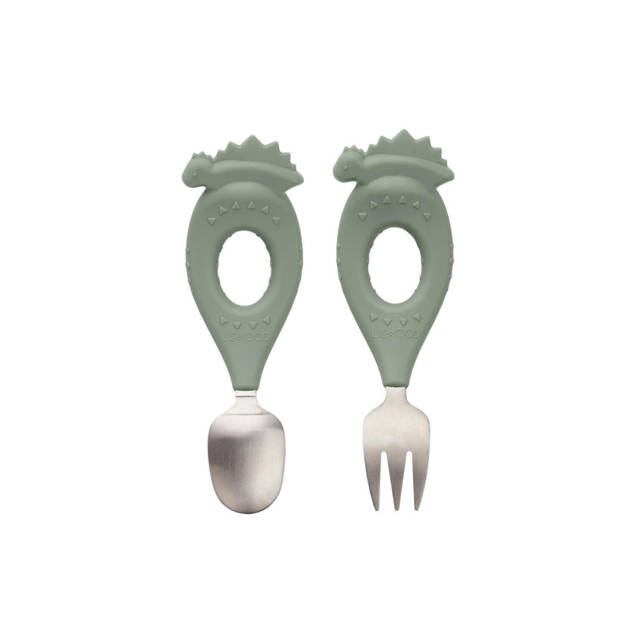 Born Liewood Spiseudstyr | Stanley Baby Cutlery Set, 1371 Dino/Faune Green