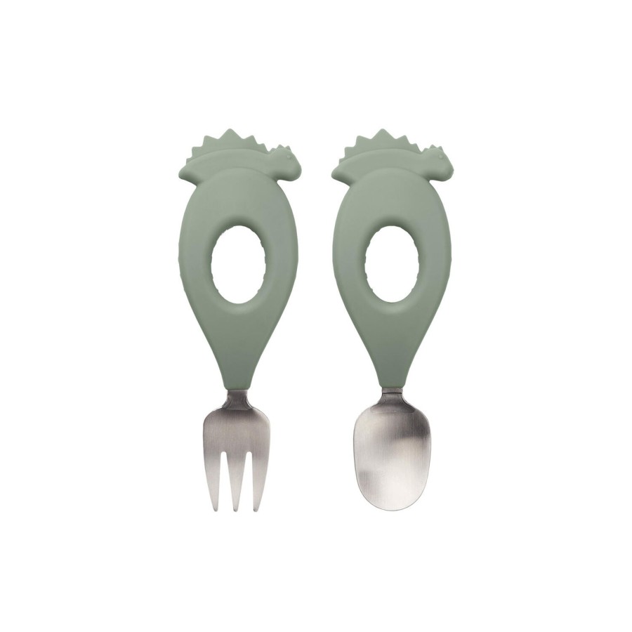 Born Liewood Spiseudstyr | Stanley Baby Cutlery Set, 1371 Dino/Faune Green