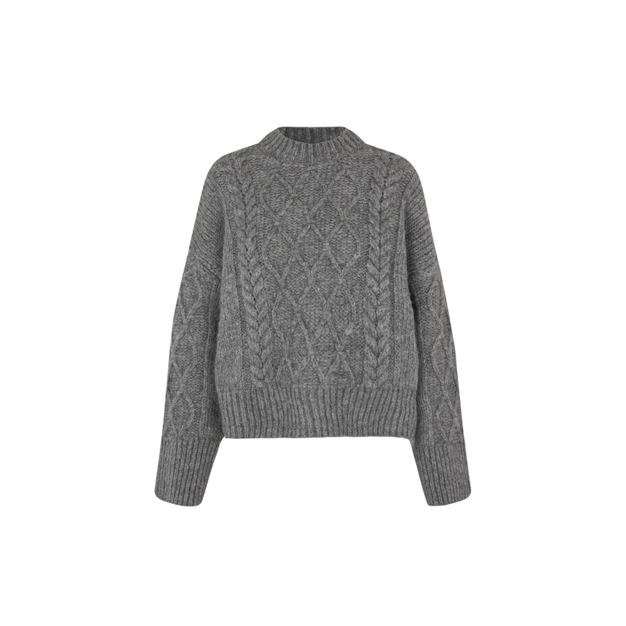 Dame Second Female Strik | Dia Knit O-Neck, Grey Melange