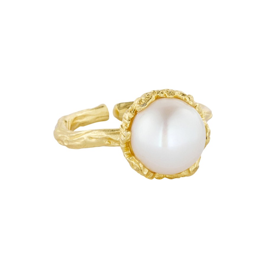 Dame Pure by Nat Ringe | Ring Med Stor Perle, Guld/Ferskvandsperle