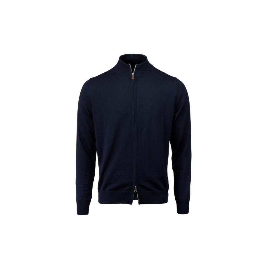 Herre Stenströms Strik & Bluser | Merino Wool Zip Cardigan, Navy